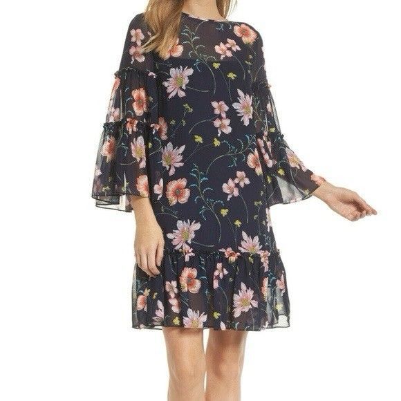 Eliza J Navy Pink Floral Dress Oversized Ruffle Flare Sleeves Women’s 4 - Picture 3 of 13